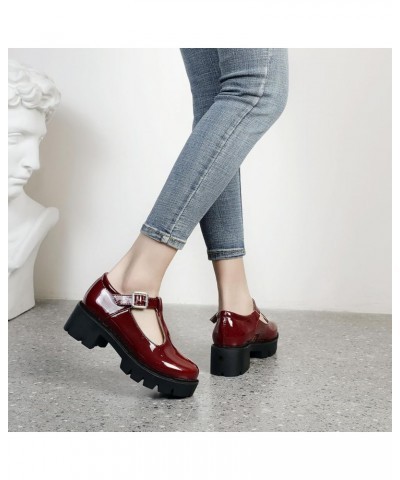 Chunky Mid Heels Oxfords Lug Sole Brogues T-Strap Patent Platform Pumps Gothic Buckled Shoes Burgundy $22.49 Oxfords