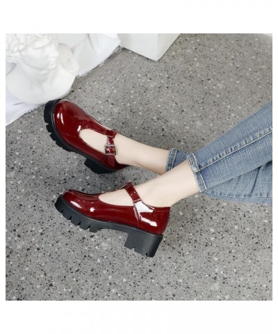 Chunky Mid Heels Oxfords Lug Sole Brogues T-Strap Patent Platform Pumps Gothic Buckled Shoes Burgundy $22.49 Oxfords