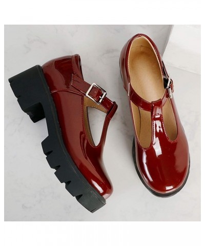 Chunky Mid Heels Oxfords Lug Sole Brogues T-Strap Patent Platform Pumps Gothic Buckled Shoes Burgundy $22.49 Oxfords