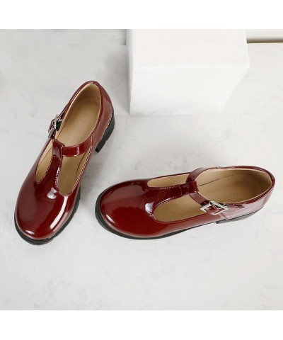 Chunky Mid Heels Oxfords Lug Sole Brogues T-Strap Patent Platform Pumps Gothic Buckled Shoes Burgundy $22.49 Oxfords