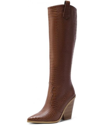 Knee High Boots Women Cowboy Boots with High Heels,Pointed Toe and Side Zipper Design Faux Crocodile Boots Brown $41.33 Boots