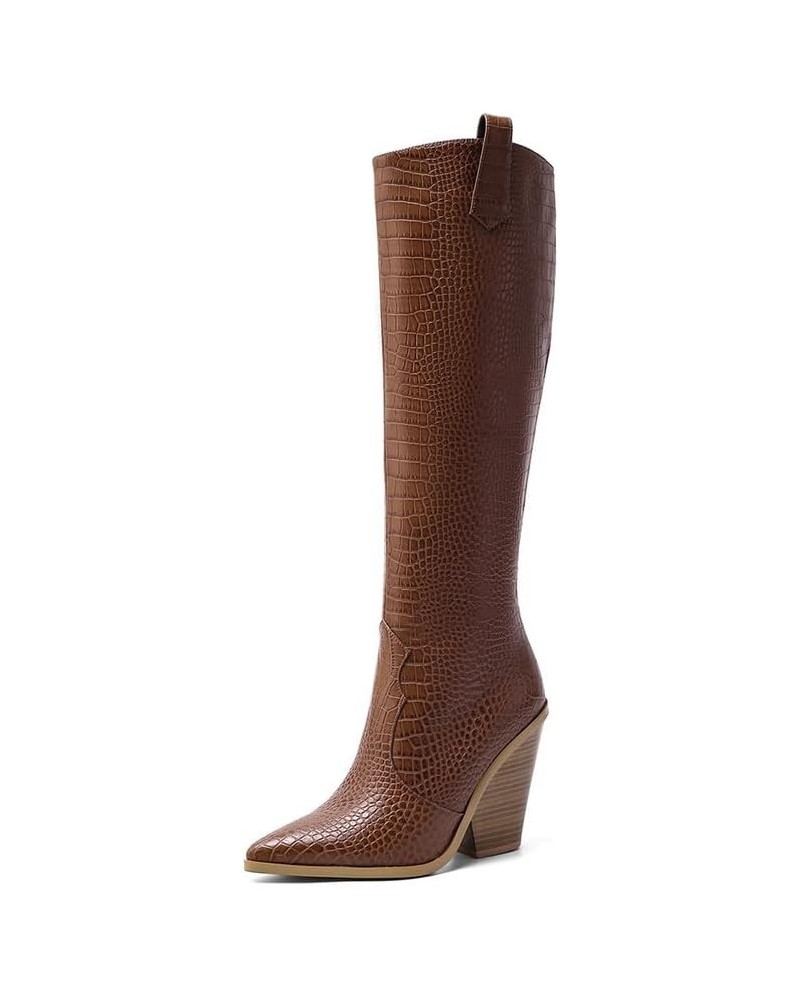 Knee High Boots Women Cowboy Boots with High Heels,Pointed Toe and Side Zipper Design Faux Crocodile Boots Brown $41.33 Boots