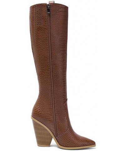 Knee High Boots Women Cowboy Boots with High Heels,Pointed Toe and Side Zipper Design Faux Crocodile Boots Brown $41.33 Boots