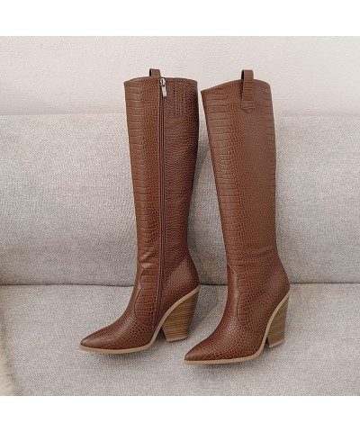 Knee High Boots Women Cowboy Boots with High Heels,Pointed Toe and Side Zipper Design Faux Crocodile Boots Brown $41.33 Boots