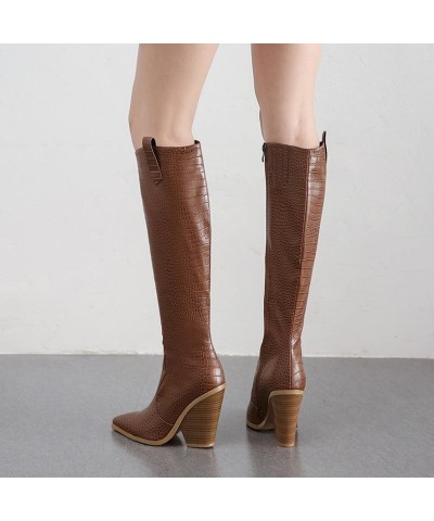 Knee High Boots Women Cowboy Boots with High Heels,Pointed Toe and Side Zipper Design Faux Crocodile Boots Brown $41.33 Boots