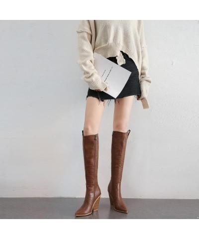 Knee High Boots Women Cowboy Boots with High Heels,Pointed Toe and Side Zipper Design Faux Crocodile Boots Brown $41.33 Boots