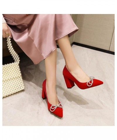 Fashion Thick Chunky High Heel Pumps for Women Pointed Toe Slip-On Velvet Dress Shoes with Bow Knot Office Lady Work Business...