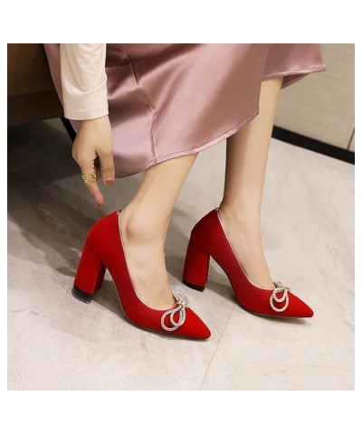 Fashion Thick Chunky High Heel Pumps for Women Pointed Toe Slip-On Velvet Dress Shoes with Bow Knot Office Lady Work Business...