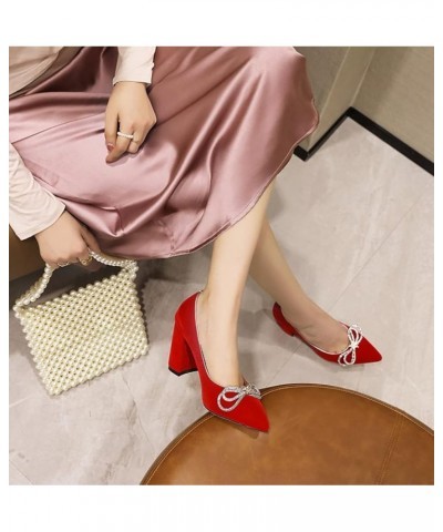 Fashion Thick Chunky High Heel Pumps for Women Pointed Toe Slip-On Velvet Dress Shoes with Bow Knot Office Lady Work Business...