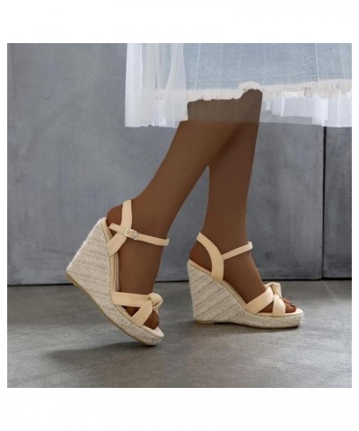 Summer Platform Wedge Heel Sandals Comfortable Open Toe Lace Wedge Sandals Women's Dress Beige $31.03 Sandals