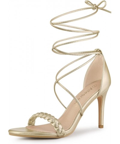 Women's Woven Strap Lace Up Strappy Stiletto Heel Sandals Gold $25.95 Sandals