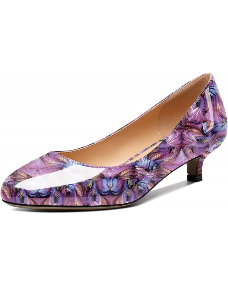 Women's Patent Leather Round Toe Kitten Heel Slip On Low Pumps Business Office Work Dress Shoes 1.4 Inches Floral Purple $35....