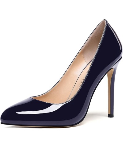 Women's Slip On Patent Round Toe Solid Stiletto High Heel Pumps Shoes 4 Inch Navy Blue $28.79 Pumps