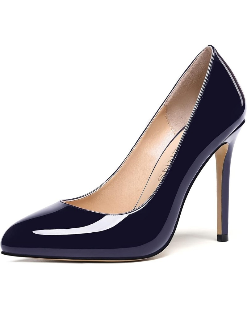 Women's Slip On Patent Round Toe Solid Stiletto High Heel Pumps Shoes 4 Inch Navy Blue $28.79 Pumps