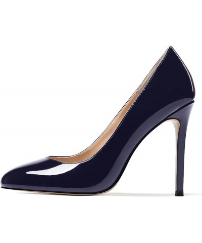 Women's Slip On Patent Round Toe Solid Stiletto High Heel Pumps Shoes 4 Inch Navy Blue $28.79 Pumps