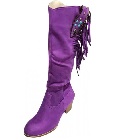 Boots For Women Casual Retro Fringe Over The Knee Long Boots Square Heels Shoes Z-01 Purple $20.71 Outdoor Shoes