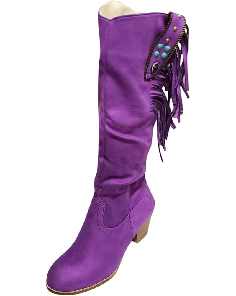 Boots For Women Casual Retro Fringe Over The Knee Long Boots Square Heels Shoes Z-01 Purple $20.71 Outdoor Shoes