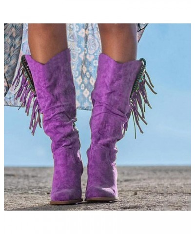 Boots For Women Casual Retro Fringe Over The Knee Long Boots Square Heels Shoes Z-01 Purple $20.71 Outdoor Shoes