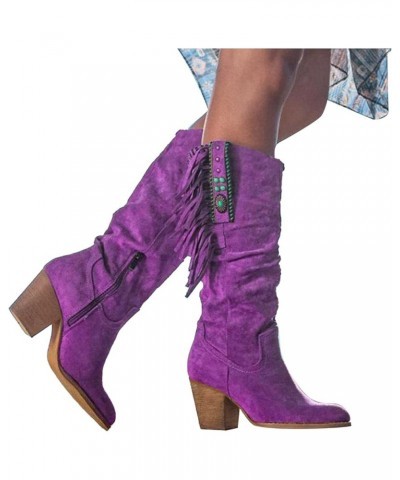 Boots For Women Casual Retro Fringe Over The Knee Long Boots Square Heels Shoes Z-01 Purple $20.71 Outdoor Shoes