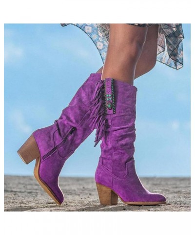 Boots For Women Casual Retro Fringe Over The Knee Long Boots Square Heels Shoes Z-01 Purple $20.71 Outdoor Shoes