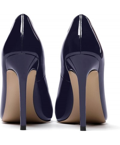 Women's Slip On Patent Round Toe Solid Stiletto High Heel Pumps Shoes 4 Inch Navy Blue $28.79 Pumps