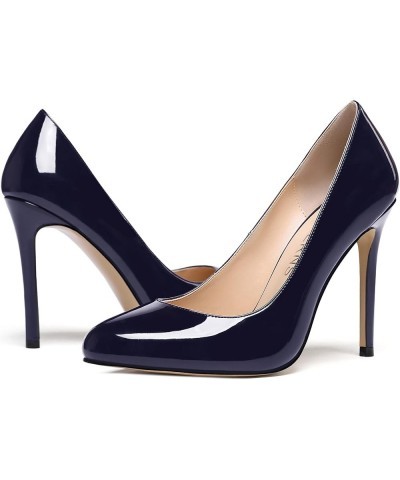 Women's Slip On Patent Round Toe Solid Stiletto High Heel Pumps Shoes 4 Inch Navy Blue $28.79 Pumps