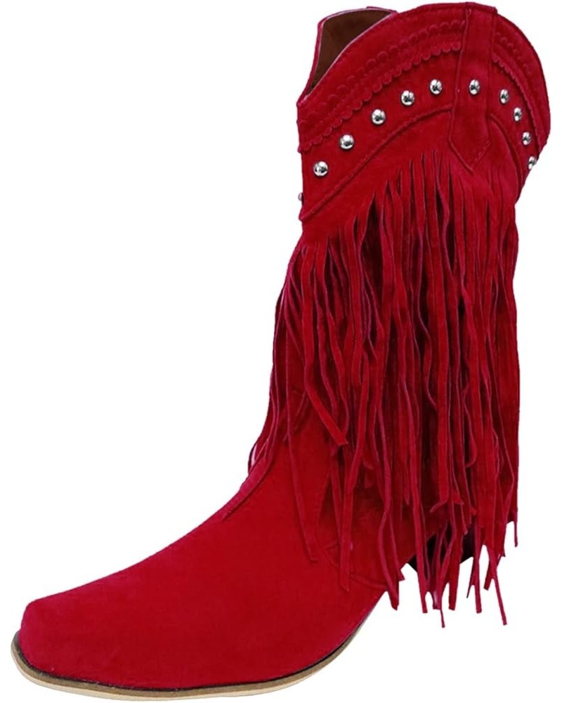 Womens Rain Boots Size 9 Mid Calf Casual Boots Boots Fringe For Women Heel Tassel Retro Chunky Mid-Calf women's boots Cowboy ...