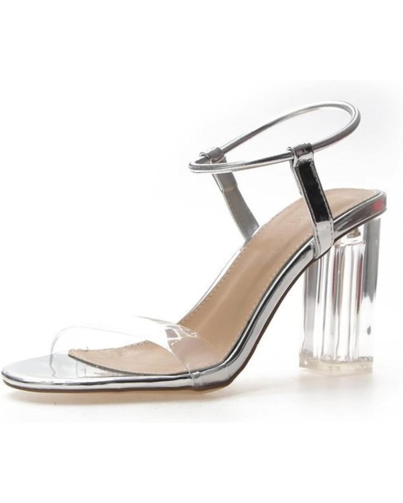 Woman Classic Ankle Strap Open Toe Buckle Block Wedding Party Shoes Transparent High Heel Sandals Silver $26.34 Sandals