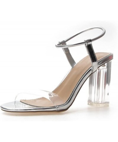 Woman Classic Ankle Strap Open Toe Buckle Block Wedding Party Shoes Transparent High Heel Sandals Silver $26.34 Sandals