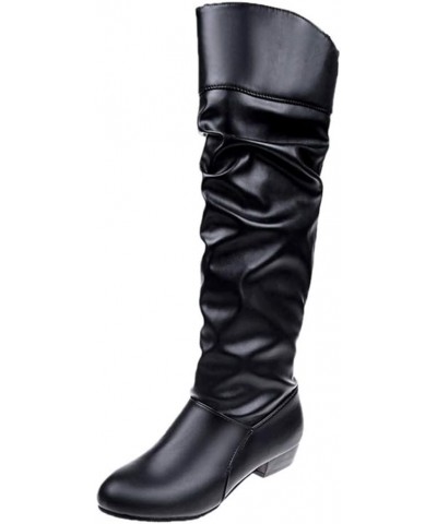 Women's Slouchy Knee High Riding Boots Fashion Faux Leather Round Toe Low Heel Knight Boots Black $20.78 Boots