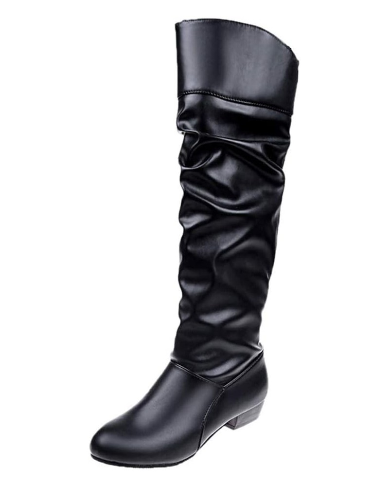 Women's Slouchy Knee High Riding Boots Fashion Faux Leather Round Toe Low Heel Knight Boots Black $20.78 Boots